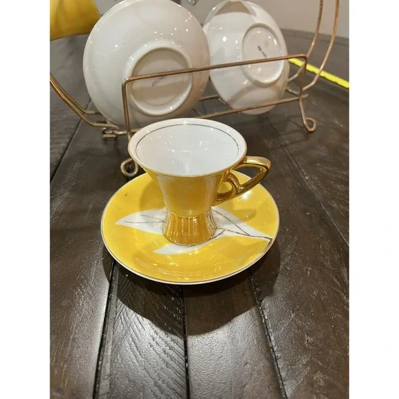 Vintage Napco Tea Set Yellow Gold Rack Leaf Saucer 4ZD-5415 Porcelain‎ Set Of 6